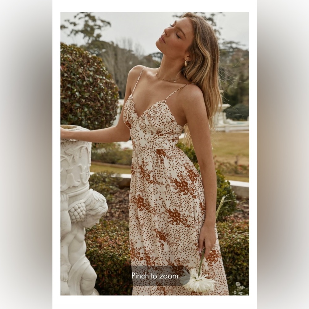 GATHERED BUST WAIST STRING TIE MIDI DRESS FLORAL PRINT TAN